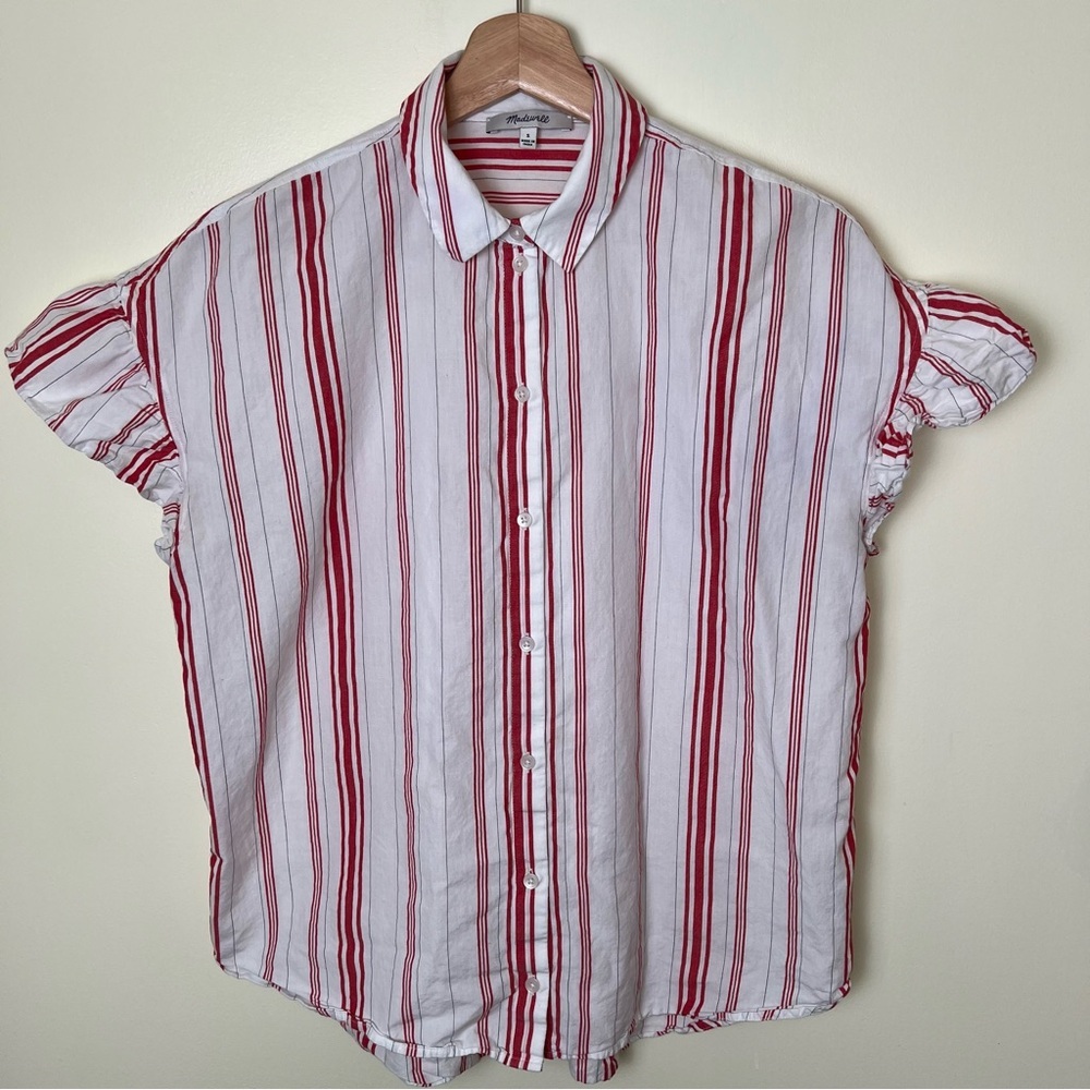 Madewell Women’s Short Sleeve Collared Ruffle Sleeve Top Red White Striped Small